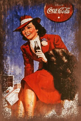 Coca-Cola Dame in rot Werbung Alter Look Vintage Retro Style Blechschild Plakette