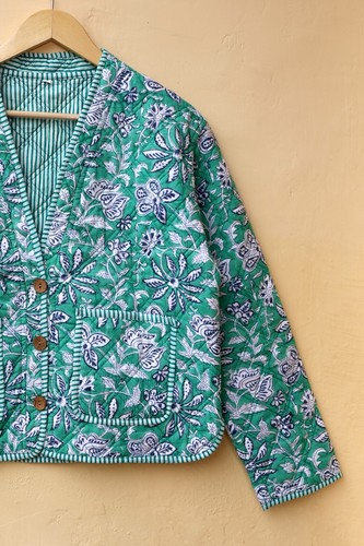 Handcrafted Cotton Quilted Kantha Jacket, Hand Block Floral Women's Boho Coat - Picture 5 of 10