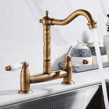 Traditional Kitchen Sink Mixer Tap, 2 Hole Dual Lever Bridge Antique Brass 
