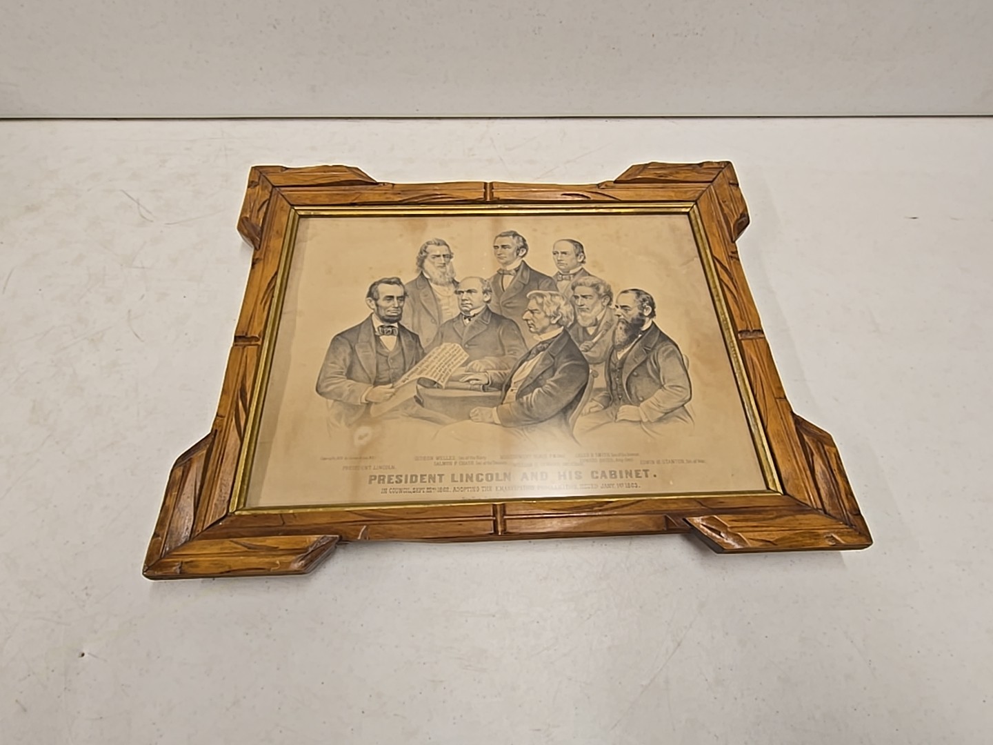 Antique 1876 President Lincoln & His Cabinet Framed Currier & Ives Etching Print