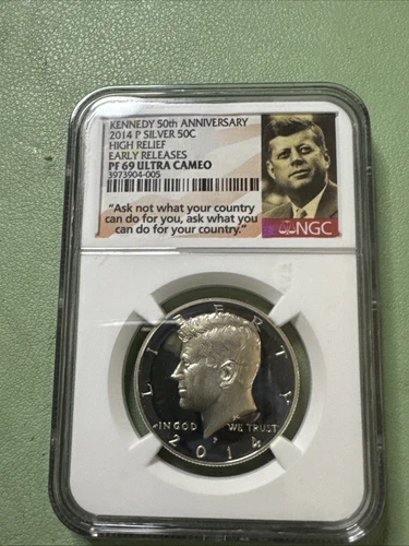 2014 Silver Kennedy Half Dollar 50th Ann Early NGC High Relief PF 69 Ultra Cameo