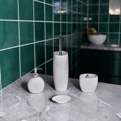 4-tlg. Bad Accessoire Set weiß Seife Zahnbürstenspender Toilettenbürste Welligkeit