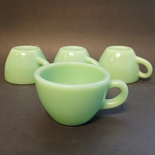 4 Vtg Fire King Green Jadeite Heavy C Handle Mugs Cups Oven Ware MCM 1950's USA