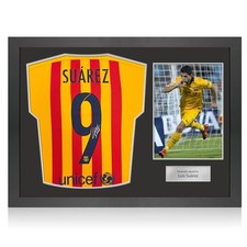 Luis Suarez Signed Original Barcelona 2015-16 Away Shirt (OG Print). Icon Frame