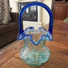 Vintage Fenton Aqua Green Opalescent Fern Optic Basket Cobalt Blue Crest