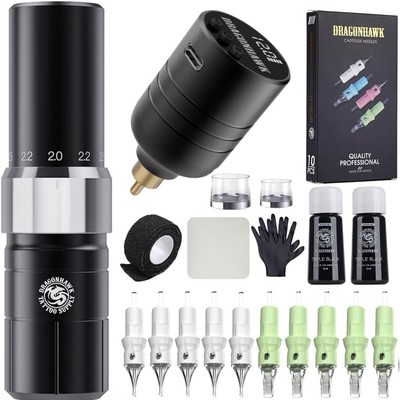 NEW Dragonhawk Tour Y23 Rotary Tattoo Machine Pen Starter Kit Bundle (Black)