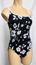 Vintage Miraclesuit One Piece Swimsuit Womens 14 Black White Floral Slimming