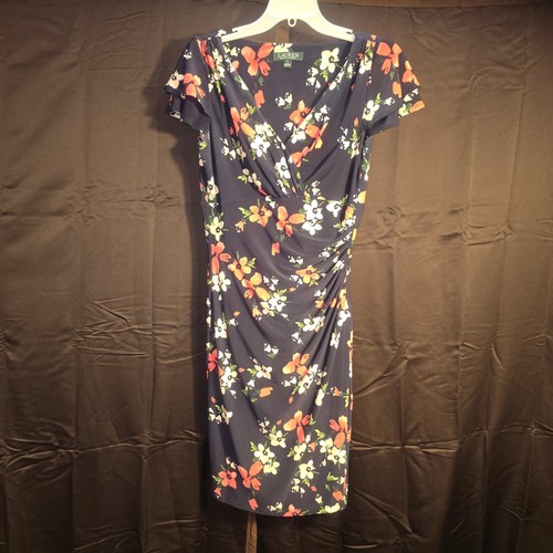 Ralph Lauren Sheath Dress Womens 6 Navy Floral V-Neck Ruched Wrap Knit EUC - Picture 3 of 12