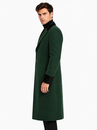 Mens Jeff Inspired Green Wool Long Goldblum Coat with Velvet Cuffs & Collar image 2