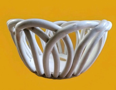 Bowl Open Lattice Weave White Loop Holes Pottery Ceramic Clay Bowl Handmade Vtg
