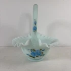Fenton Light Blue Satin Glass Basket  Hand Painted Blue Roses Easter Ruffled