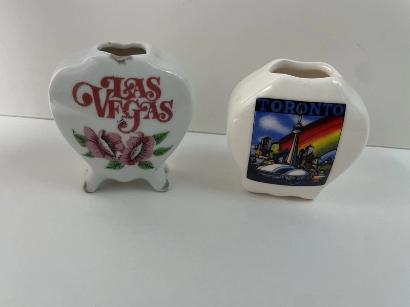 Vintage Souvenir Toothpick Holders - Las Vegas & Toronto - Fine China Lot Of 2
