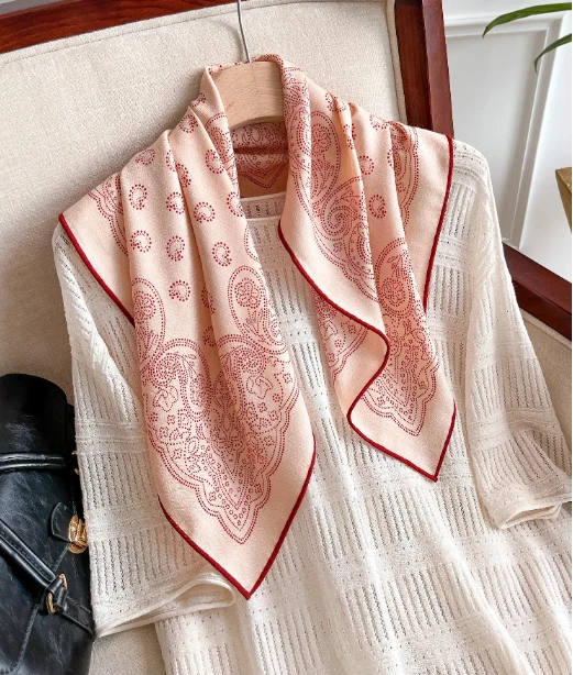 70% Cashmere 30% Silk Scarf Pink lace Print Bandana 65X65cm Shawl Neckerchief