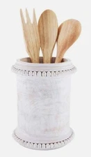 Mud Pie Home White Wash Wood Beaded Edge Kitchen Utensil Holder, NEW