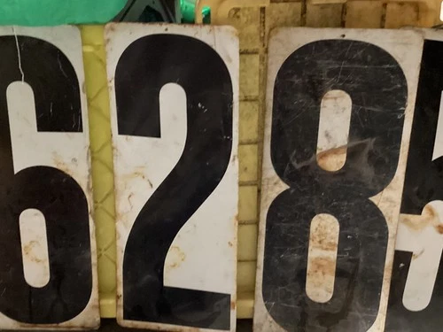 five VINTAGE METAL GAS STATION PRICE NUMBER TIN SIGN  DOUBLE SIDED 27 X 11-1/2