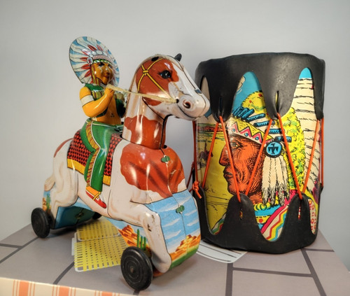 1950s Takatoku Tin Friction Indian Chief on Horse And Drum Set. Excellent Condit