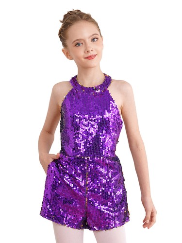 Girls Sequin Jazz Latin Dance Leotard Sleeveless Halter Pageant Party Romper - Picture 51 of 71