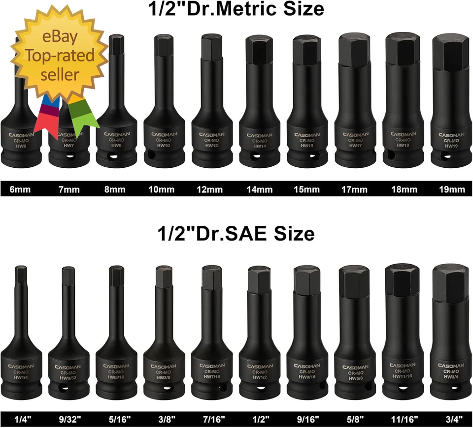 1/2" Drive Master Impact Hex Bit Set, Hex Driver, Sae/Metric, 1/4" - 3/4", 6Mm - - Image 3 of 4