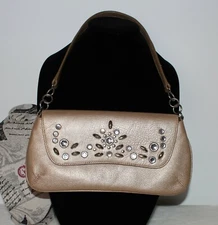The Sak Pink Label Gold Leather With Rhinestone Flap Shoulder Hand Evening Bag