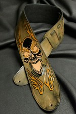 Guitar strap leather tooled all hand made in USA flaming skull 4" yell,red,gre