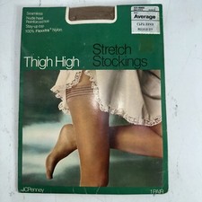 Vintage JC Penney Long Wearing Sheer Toe Thigh High Stretch Stockings Suntan