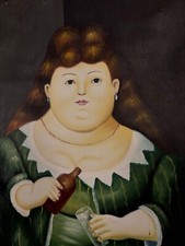 Original Fernando Botero Oil On Canvas Painting - Boterismo - Woman Pouring
