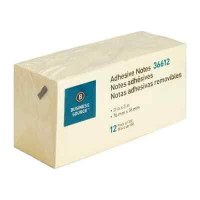 Business Source Adhesive Notes 100 Sheets 3''x3'' 12/PK Yellow 36612