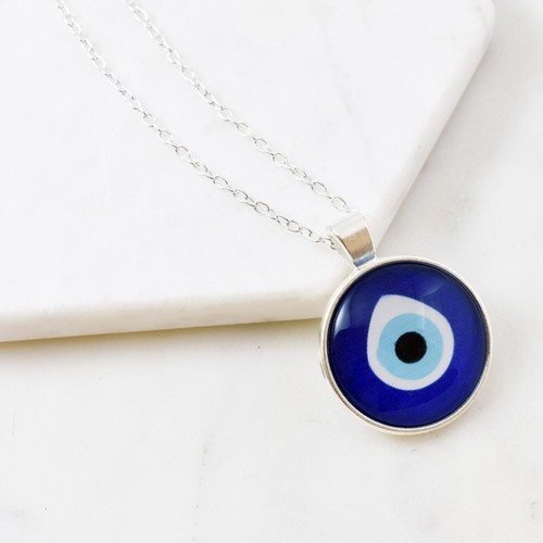 Evil Eye Greek Turkish Blue Mati Glass Cabochon Nazar Silver Pendant Necklace - Foto 3 di 4