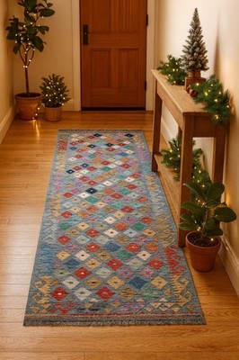 294x78 CM GREEN HANDMADE AFGHAN KILIM RUG TURKISH VINTAGE WOOLLEN RUNNER  CARPET