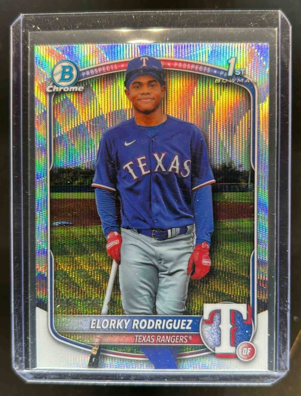 2025 Bowman Chrome Elorky Rodriguez Wave Refractor 1st #/100 Rangers