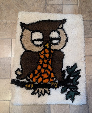 Vtg Handmade Owl Latch Hook Rug Wall Hanging Shag Yarn Retro Boho Decor Art