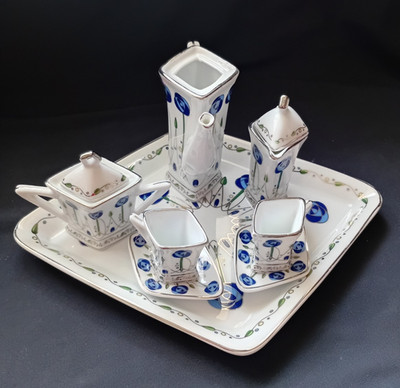 The Leonardo Collection Miniatur Kaffee Tee Set Blau Blumen Jugendstil Tablett