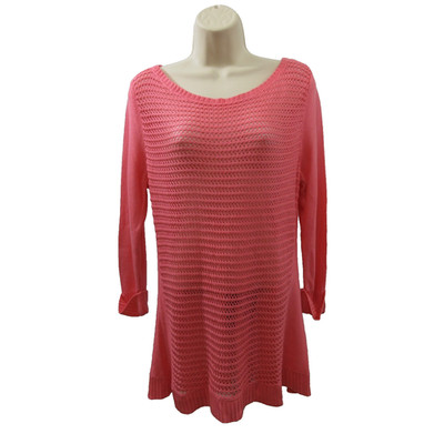 New York & Co Women Pullover Tunic Sweater Sz M Coral Open Knit Long Sleeve Cuff