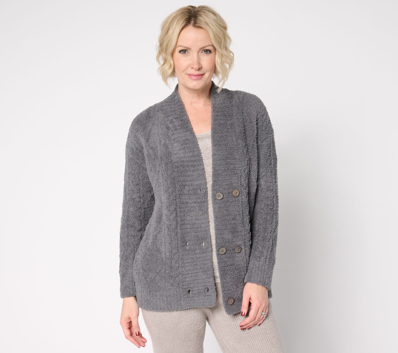 Barefoot Dreams Women's Top Sweater Sz M CozyChic Cable Buttd Gray A661126