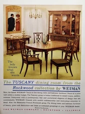 The Weiman Co Rockford IL Tuscany Dining Room Table Chairs Cabinet Print Ad 1963