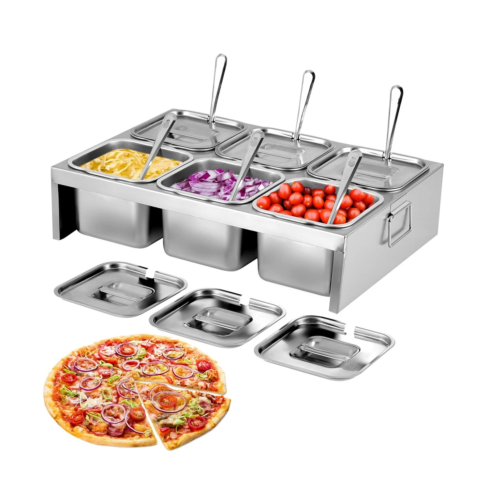 Pizza Topping Station - 6x2L Stainless Steel Condiment Containers with Lids&L...