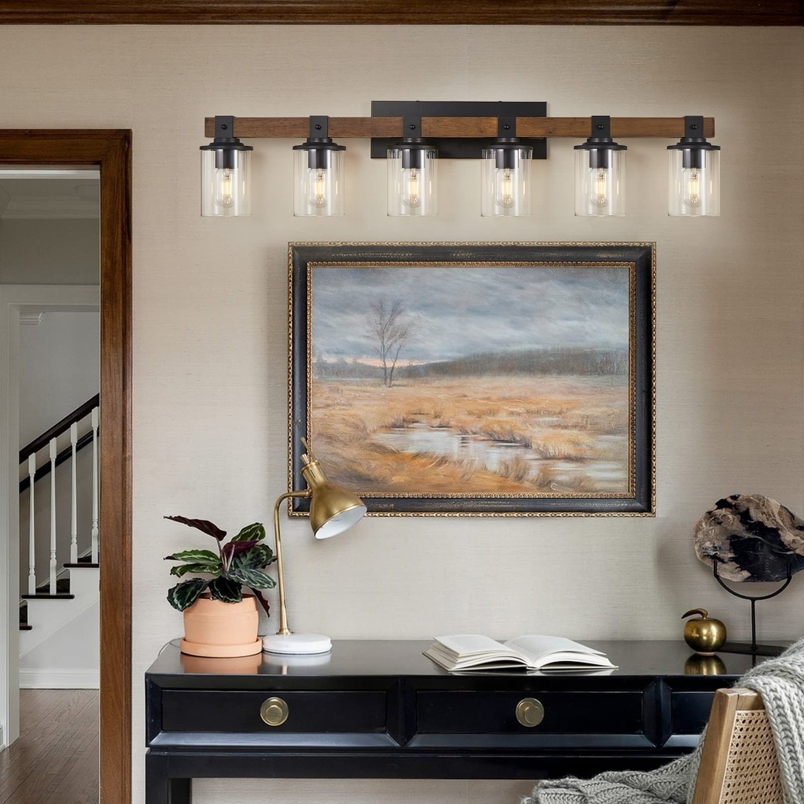 DUJAHMLAND 6-Light Wood Vanity Light,40.5 inch Farmhouse Bathroom Metal Wall ...