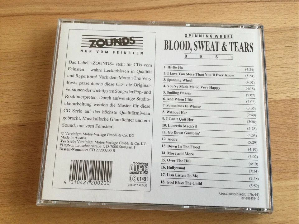 CD — Blood, Sweat & Tears — Spinning Wheel Best Of — Zounds Music/CBS 1990 - Bild 2 von 2