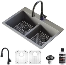 Karran USA QT810KKF340 Quartz QT 33" Drop In Double Basin Quartz - Grey / Matte