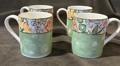Set of 4 Corelle Coordinates Stoneware Coffee Mugs Watercolor Floral Green EUC