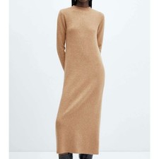 MANGO MNG Seeds Knitted Tan Beige Mock Neck Maxi Sweater Dress Size Small NEW