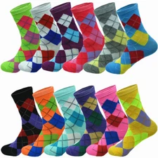 3-12 Pairs Women Girl Argyle Diamond Cotton Casual Classic Crew Socks Size 9-11