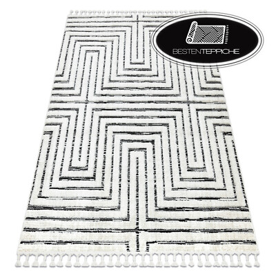 Moderner Elegant Strukturell Teppich ''SEVILLA'' Labyrinth weiß / anthrazit Franse