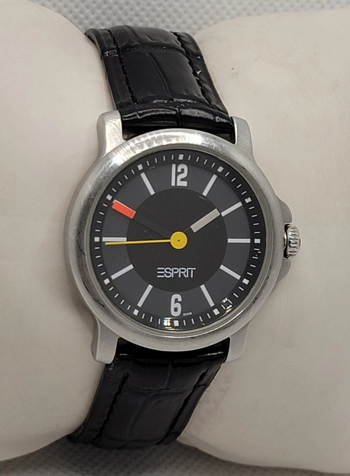 Унисекс Espirit стильный круглый серебристый тон большая корона черный кожаный ремень часы J7 - Изображение 2 из 4