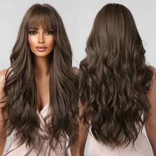 Brown Wavy Wigs for Women with Bangs Long Natural Synthetic Hair Wig Daily