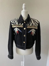 VTG Christian Linares Jacket Sz M/L Denim Black Embellished Western Animal Print