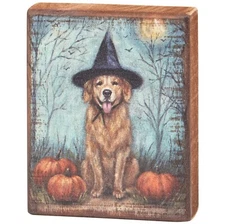Dog Witch Halloween Primitives by Kathy Wood Block Sign 4 in x 6 in