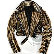 Handmade Fashion Rock & Roll Black with Golden Studded Spiked Leather Jacket
