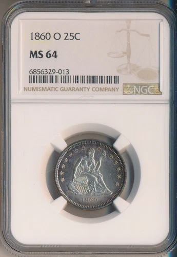 1860-O SEATED LIBERTY SILVER QUARTER **NGC CERTIFIED MS 64** FREE SHIPPING!!