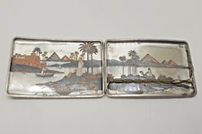Egyptian Silver Damascene Copper Antique Cigarette Case with Pyramids & Camels